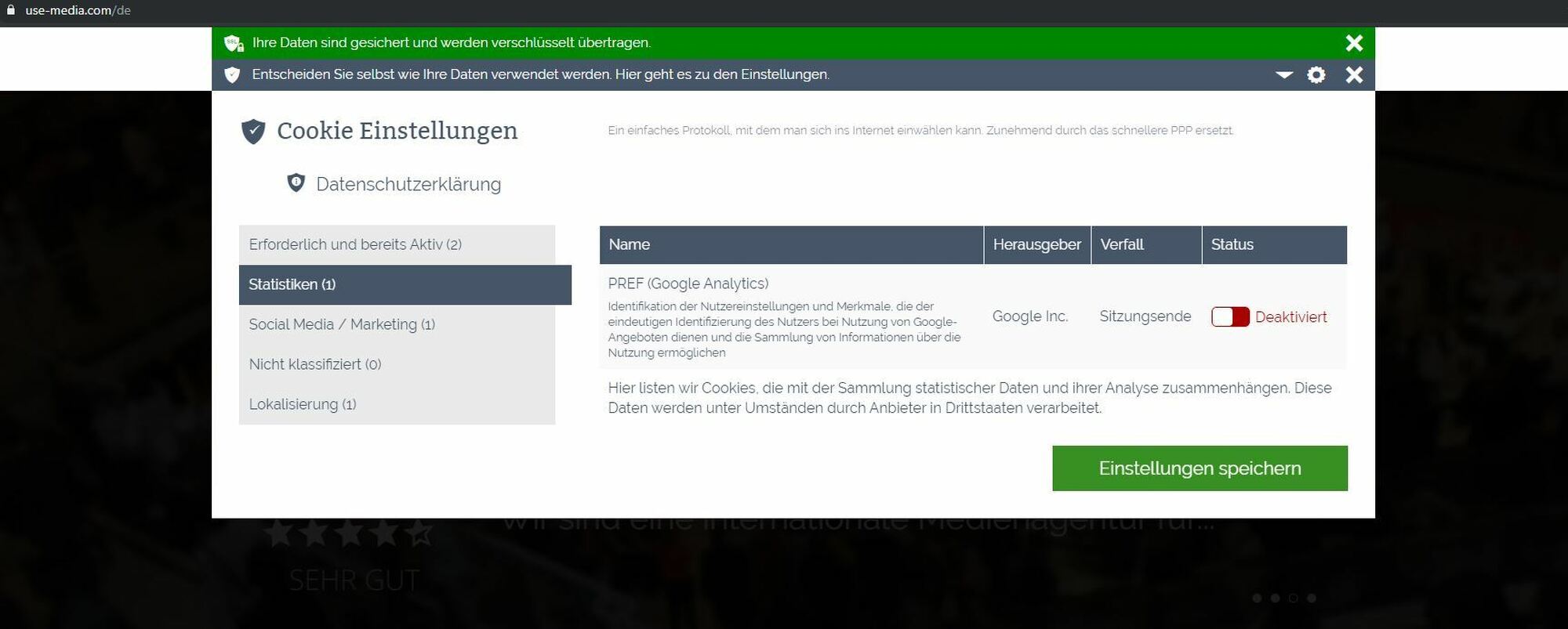 Consent Bar für Cookie Einstellungen rund um die DSGVO (Datenschutz-Grundverordnung).